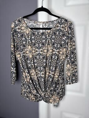 NY Collection Tan Gray Geometric Print Twist Front Blouse Large